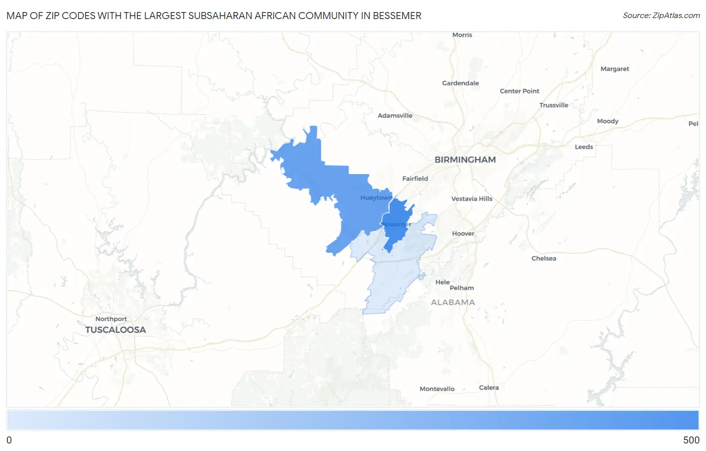 Zip Codes with the Largest Subsaharan African Community in Bessemer Map