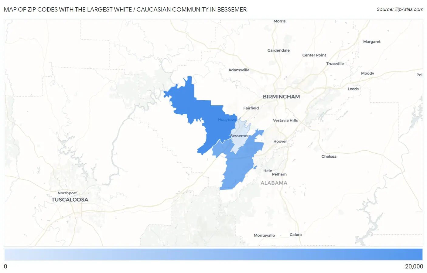 Zip Codes with the Largest White / Caucasian Community in Bessemer Map