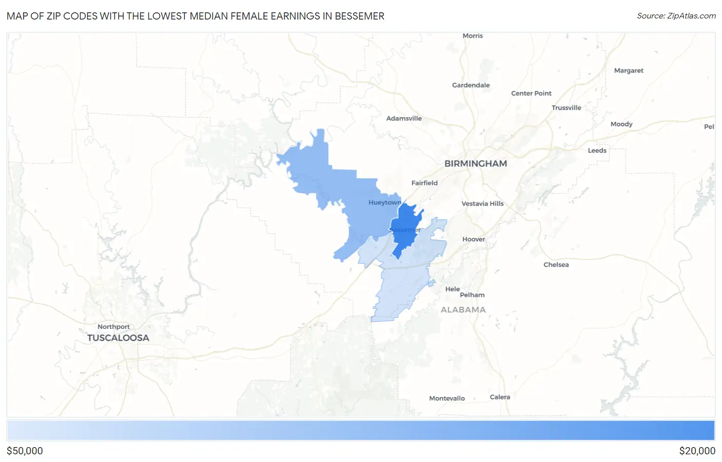 Zip Codes with the Lowest Median Female Earnings in Bessemer Map