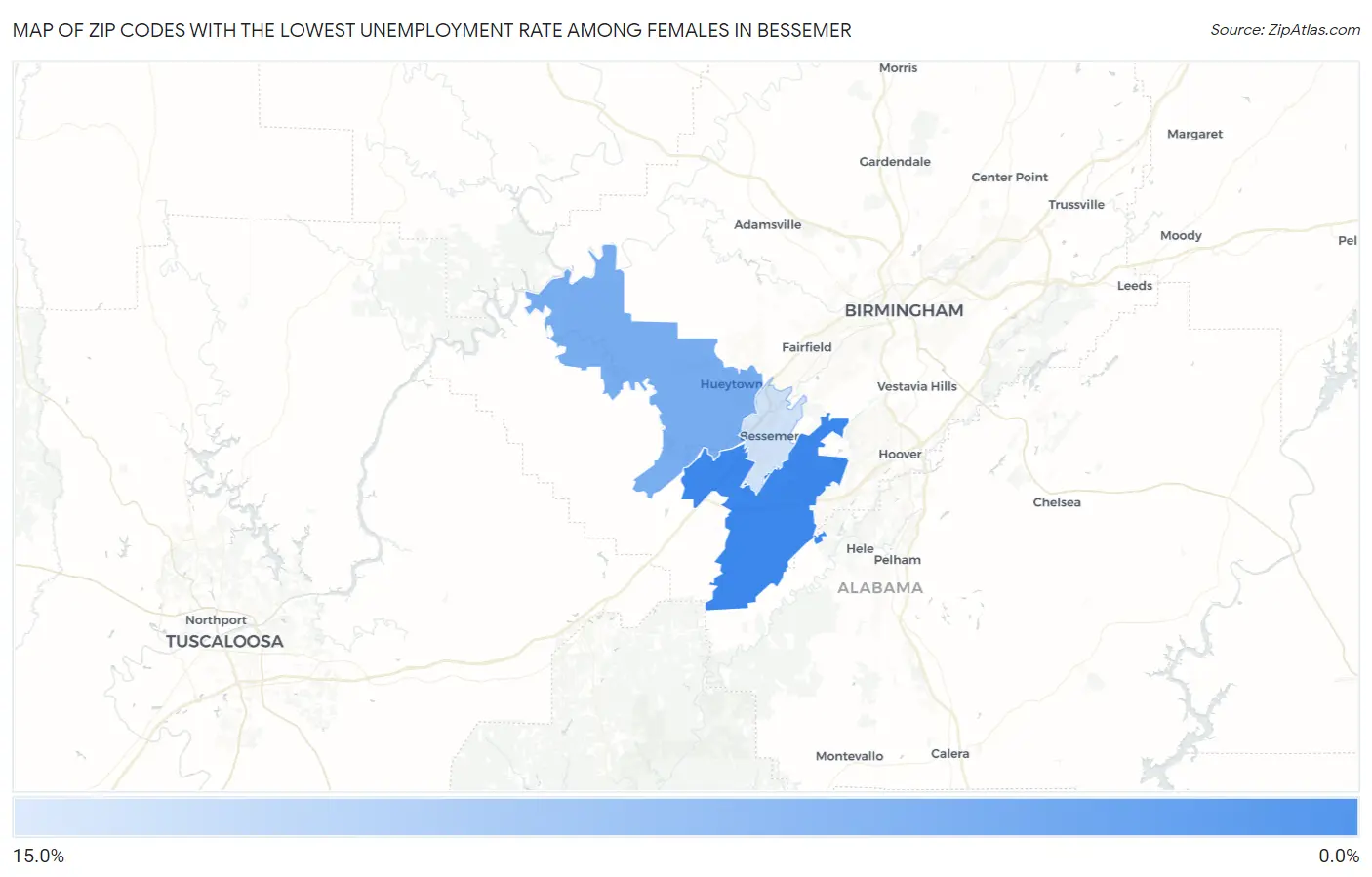 Zip Codes with the Lowest Unemployment Rate Among Females in Bessemer Map