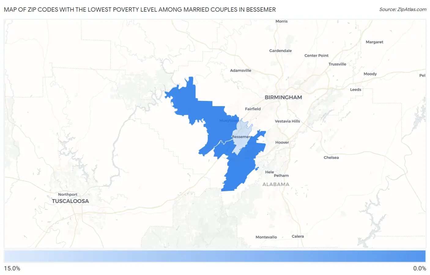 Zip Codes with the Lowest Poverty Level Among Married Couples in Bessemer Map