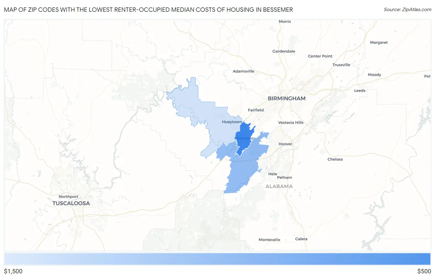 Zip Codes with the Lowest Renter-Occupied Median Costs of Housing in Bessemer Map