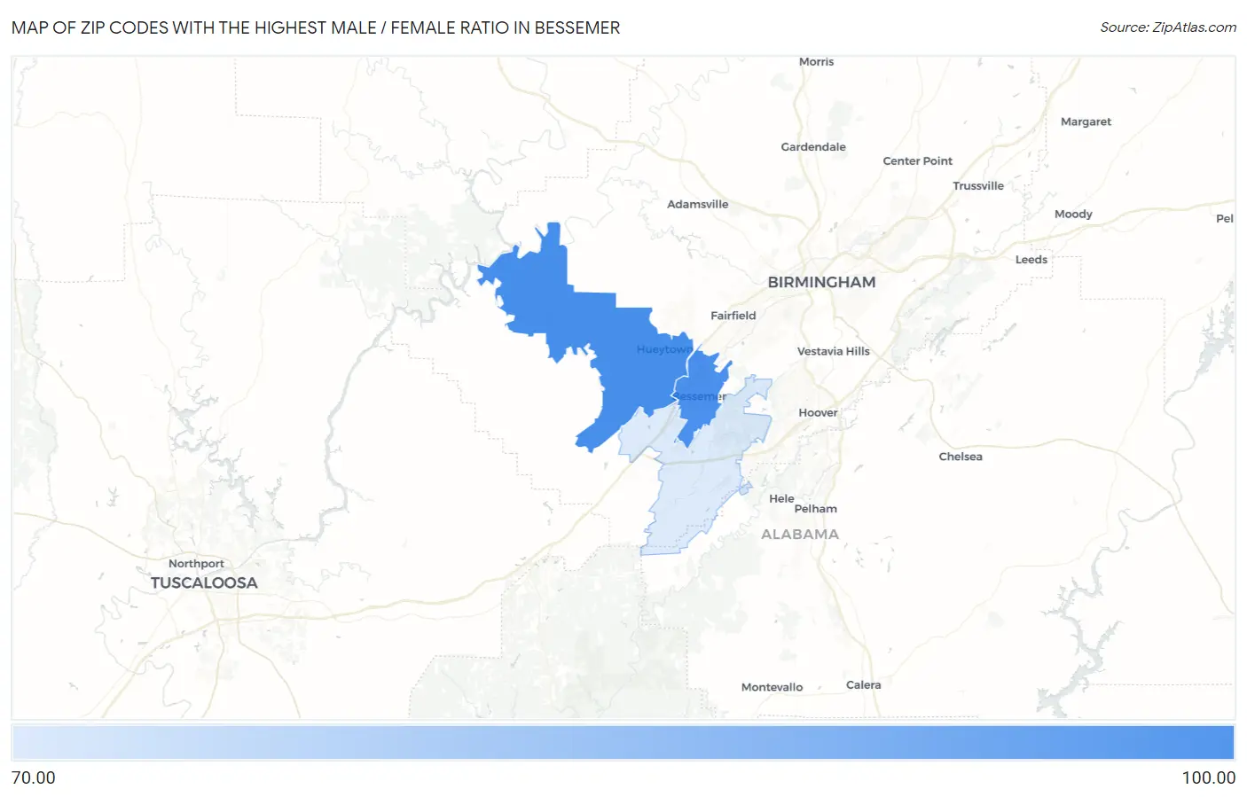 Zip Codes with the Highest Male / Female Ratio in Bessemer Map