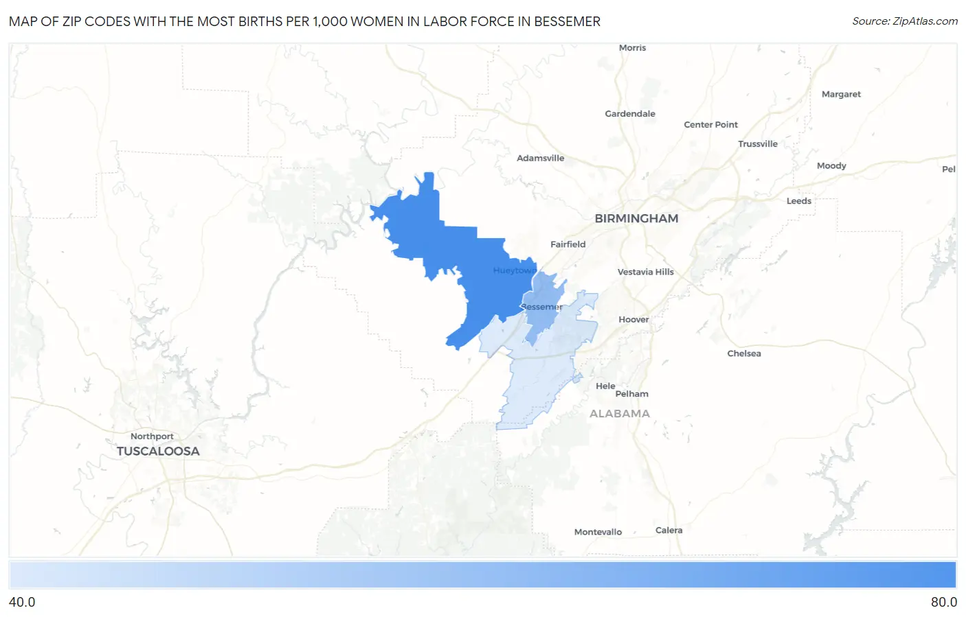 Zip Codes with the Most Births per 1,000 Women in Labor Force in Bessemer Map