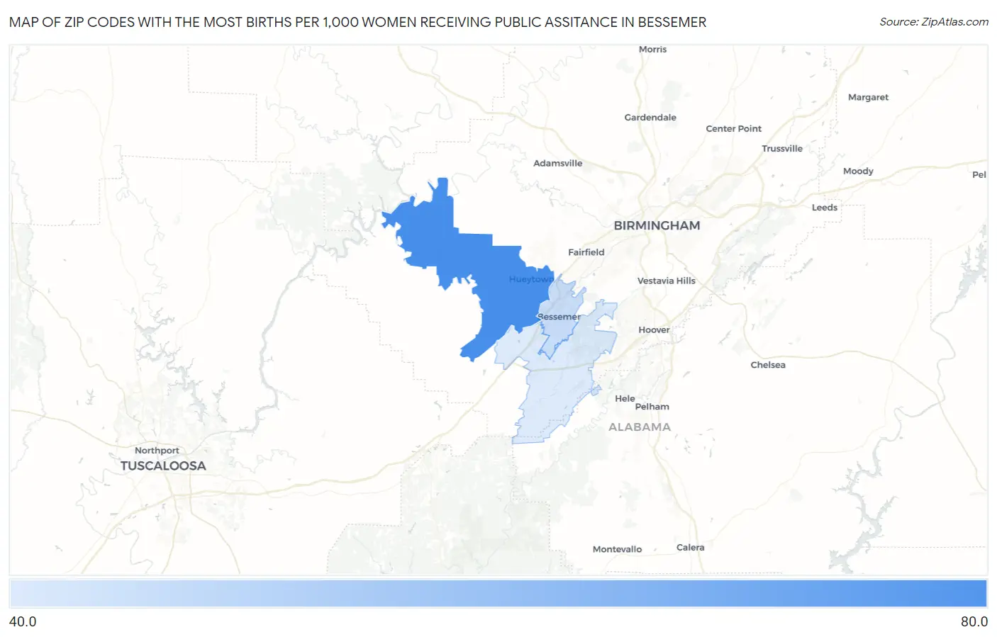 Zip Codes with the Most Births per 1,000 Women Receiving Public Assitance in Bessemer Map