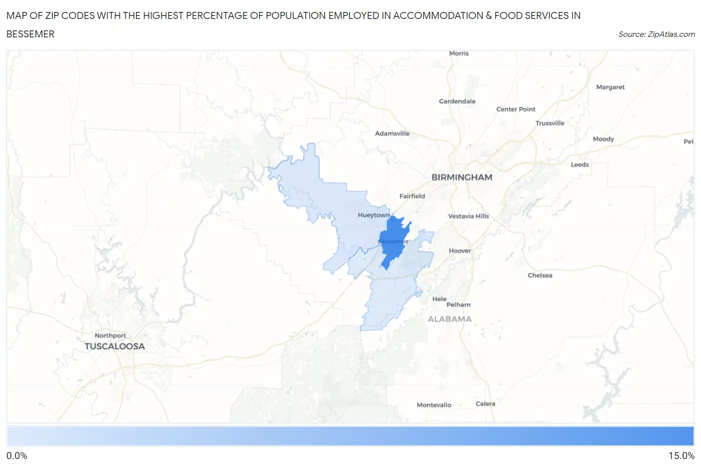 Zip Codes with the Highest Percentage of Population Employed in Accommodation & Food Services in Bessemer Map