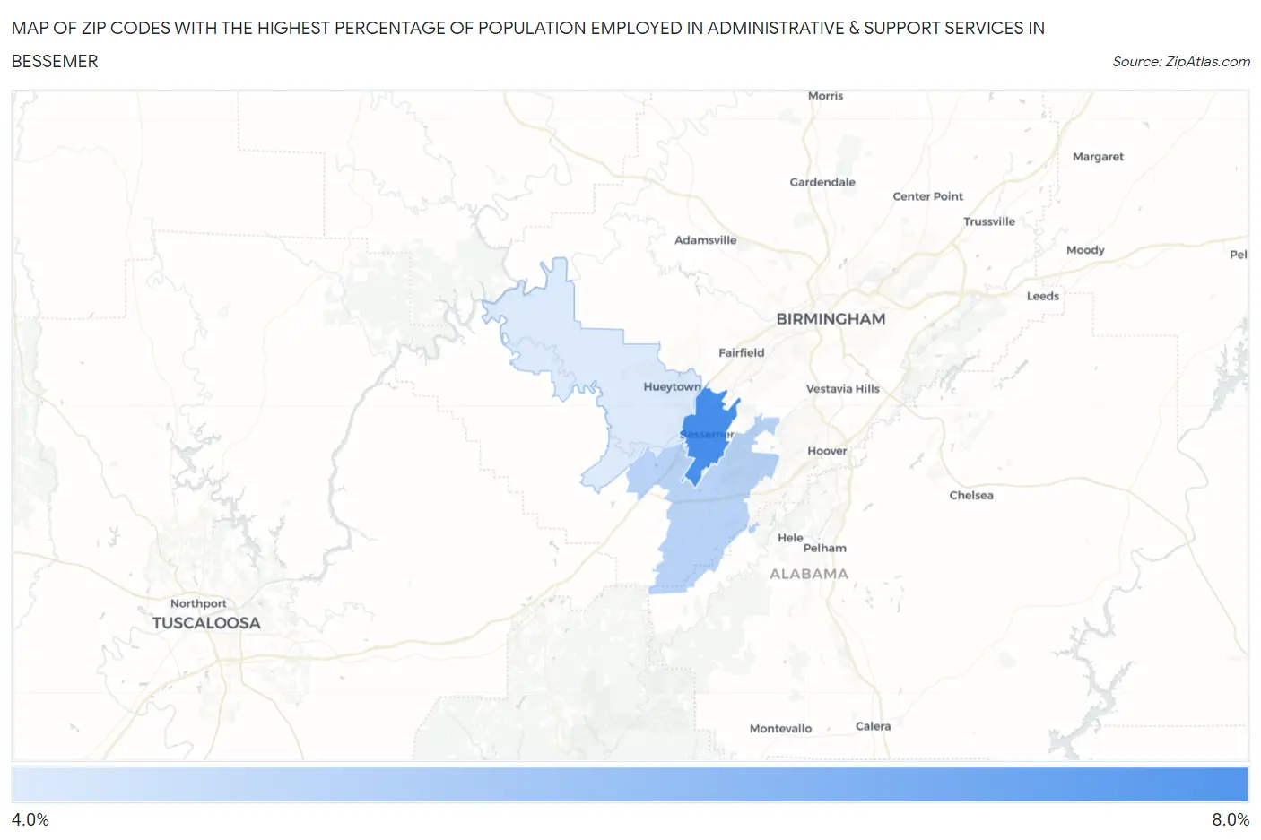 Zip Codes with the Highest Percentage of Population Employed in Administrative & Support Services in Bessemer Map