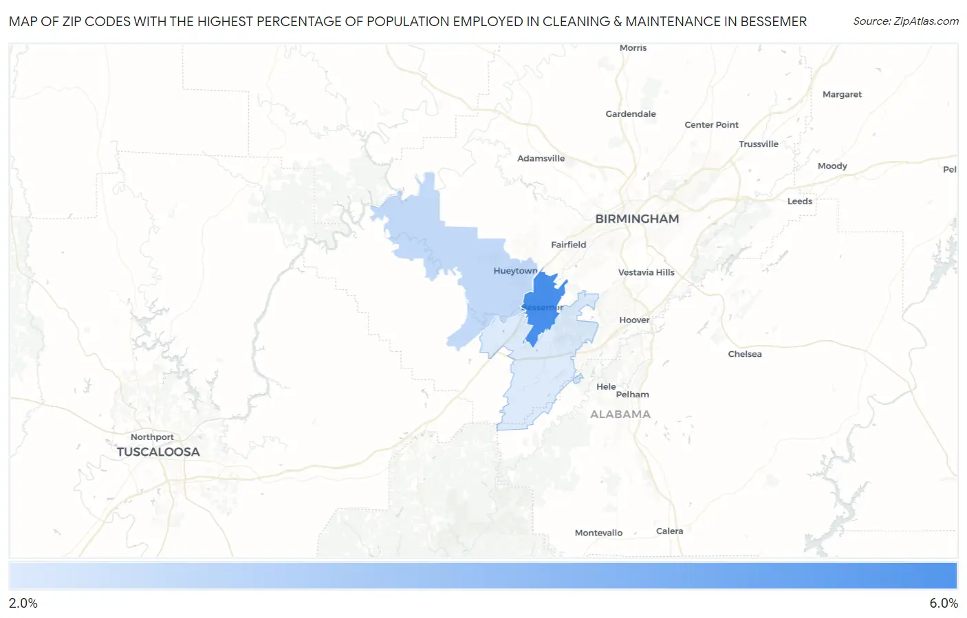 Zip Codes with the Highest Percentage of Population Employed in Cleaning & Maintenance in Bessemer Map