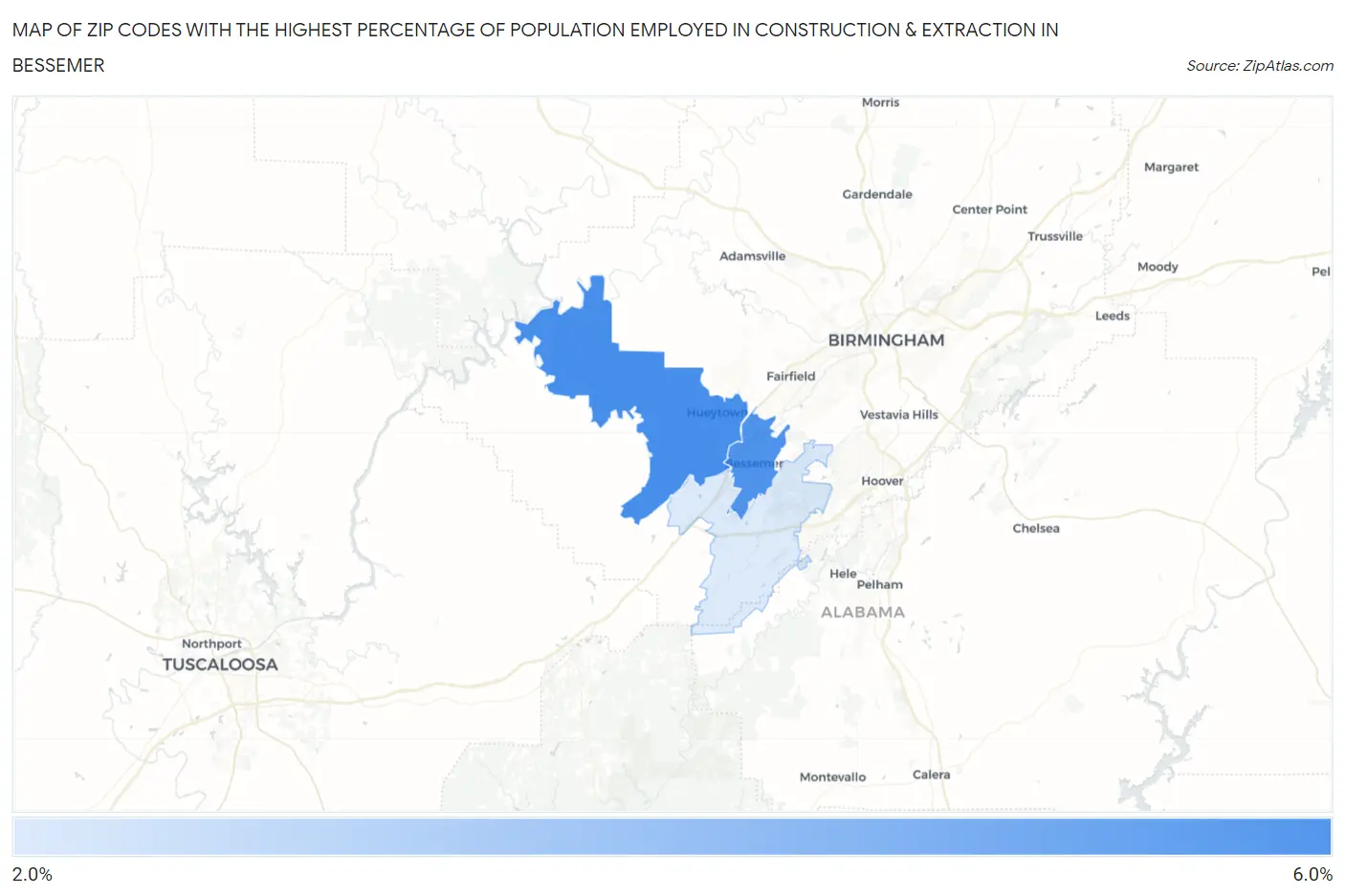 Zip Codes with the Highest Percentage of Population Employed in Construction & Extraction in Bessemer Map