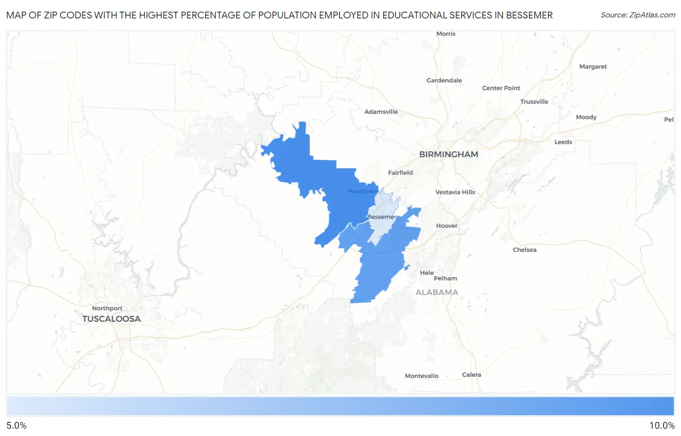 Zip Codes with the Highest Percentage of Population Employed in Educational Services in Bessemer Map