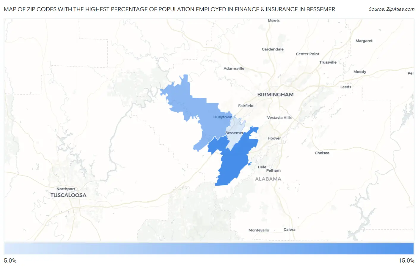 Zip Codes with the Highest Percentage of Population Employed in Finance & Insurance in Bessemer Map