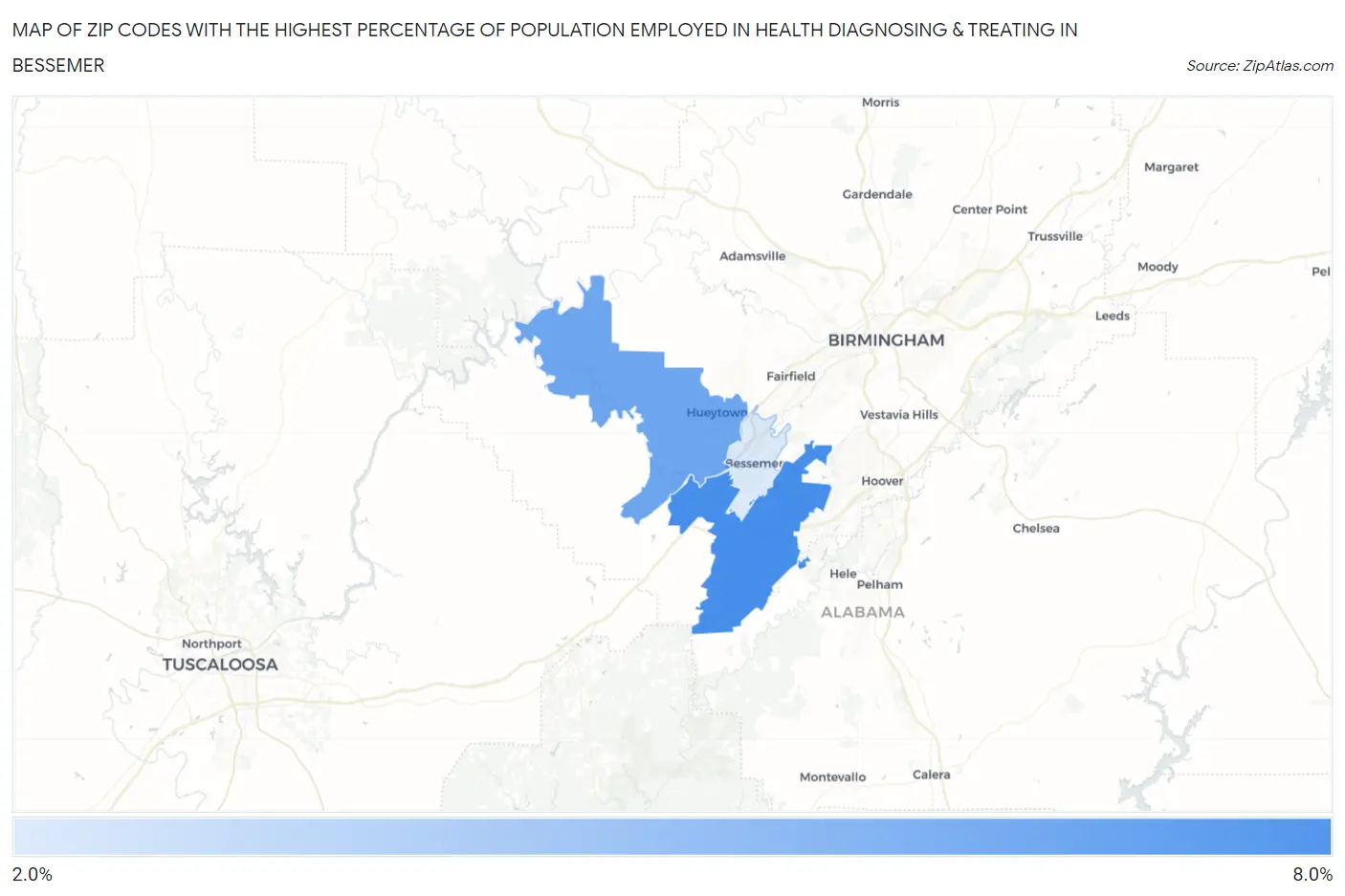 Zip Codes with the Highest Percentage of Population Employed in Health Diagnosing & Treating in Bessemer Map