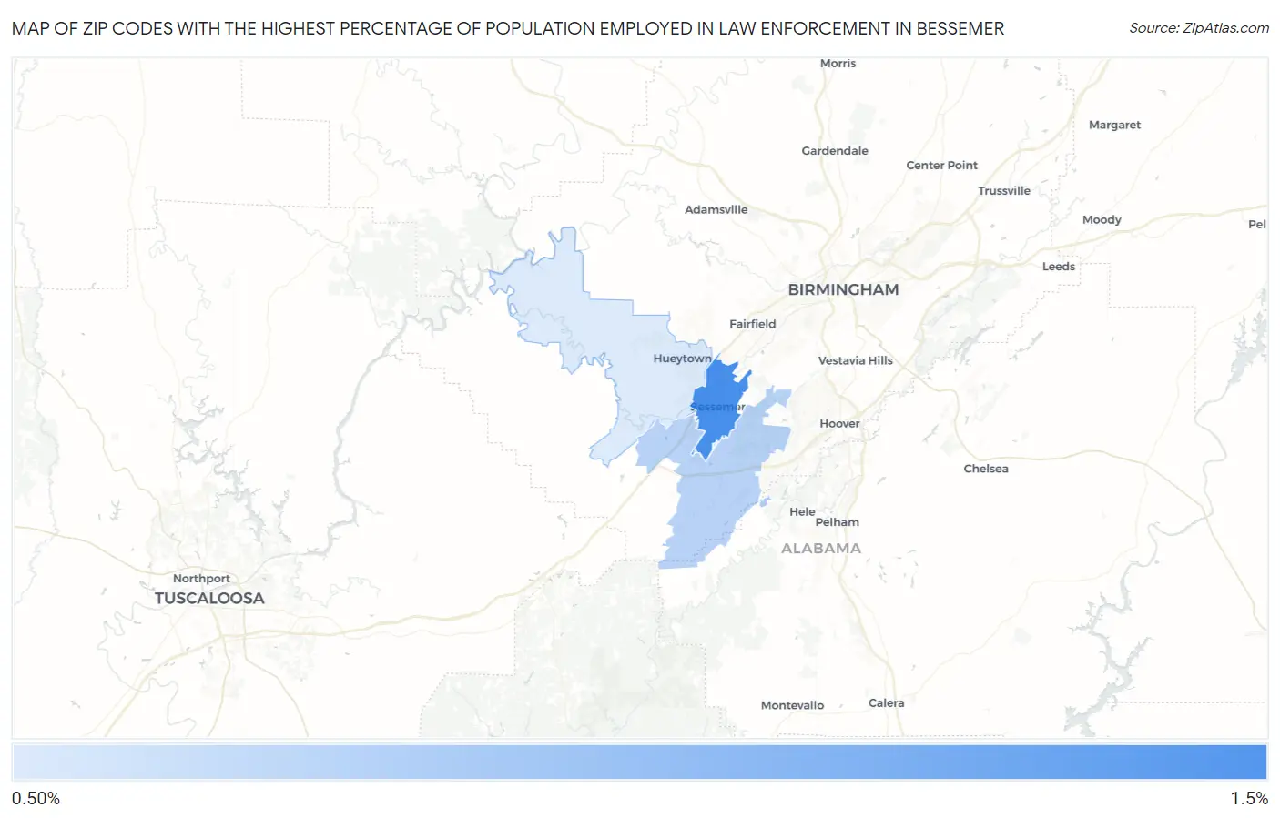 Zip Codes with the Highest Percentage of Population Employed in Law Enforcement in Bessemer Map