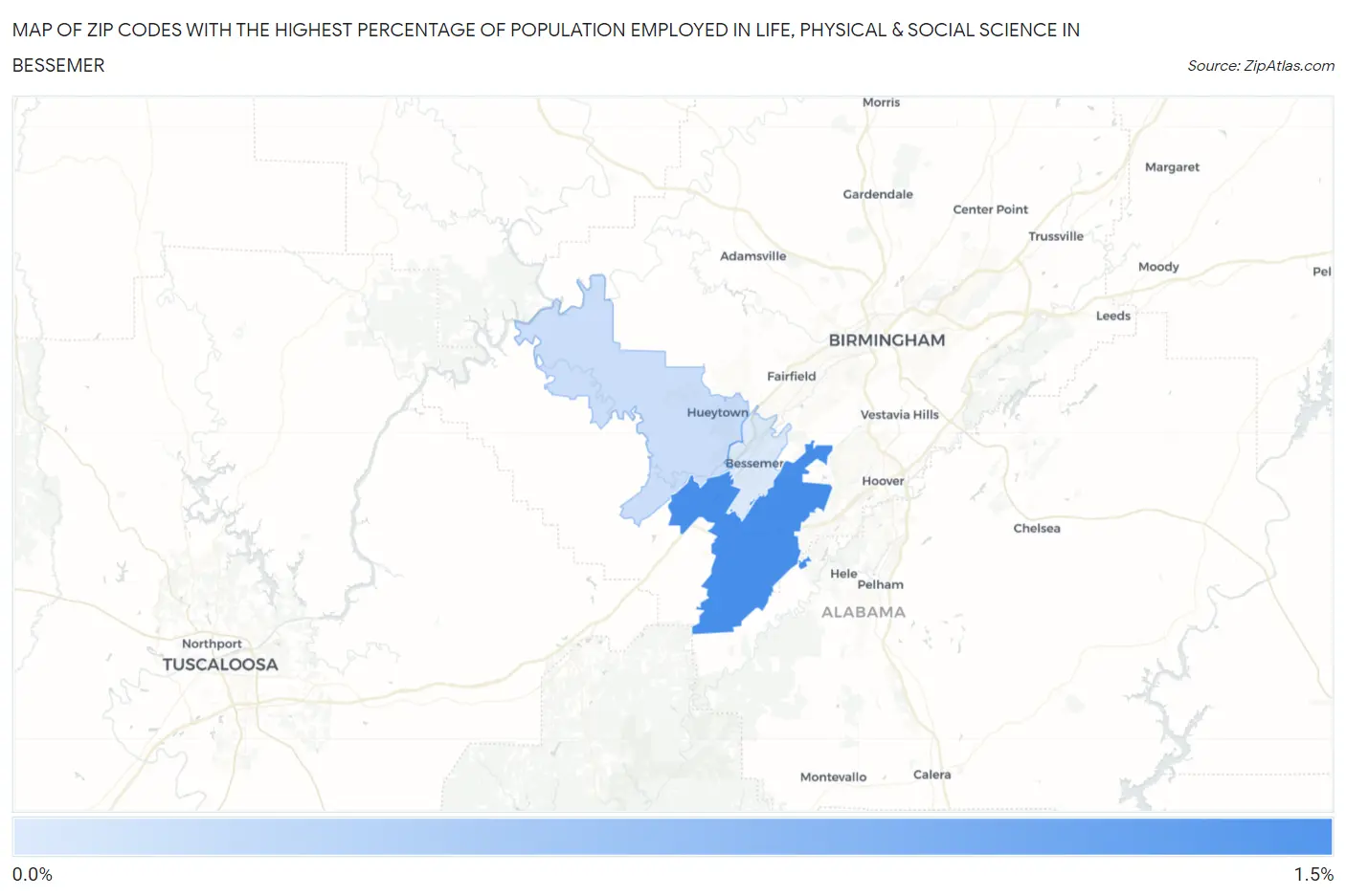 Zip Codes with the Highest Percentage of Population Employed in Life, Physical & Social Science in Bessemer Map