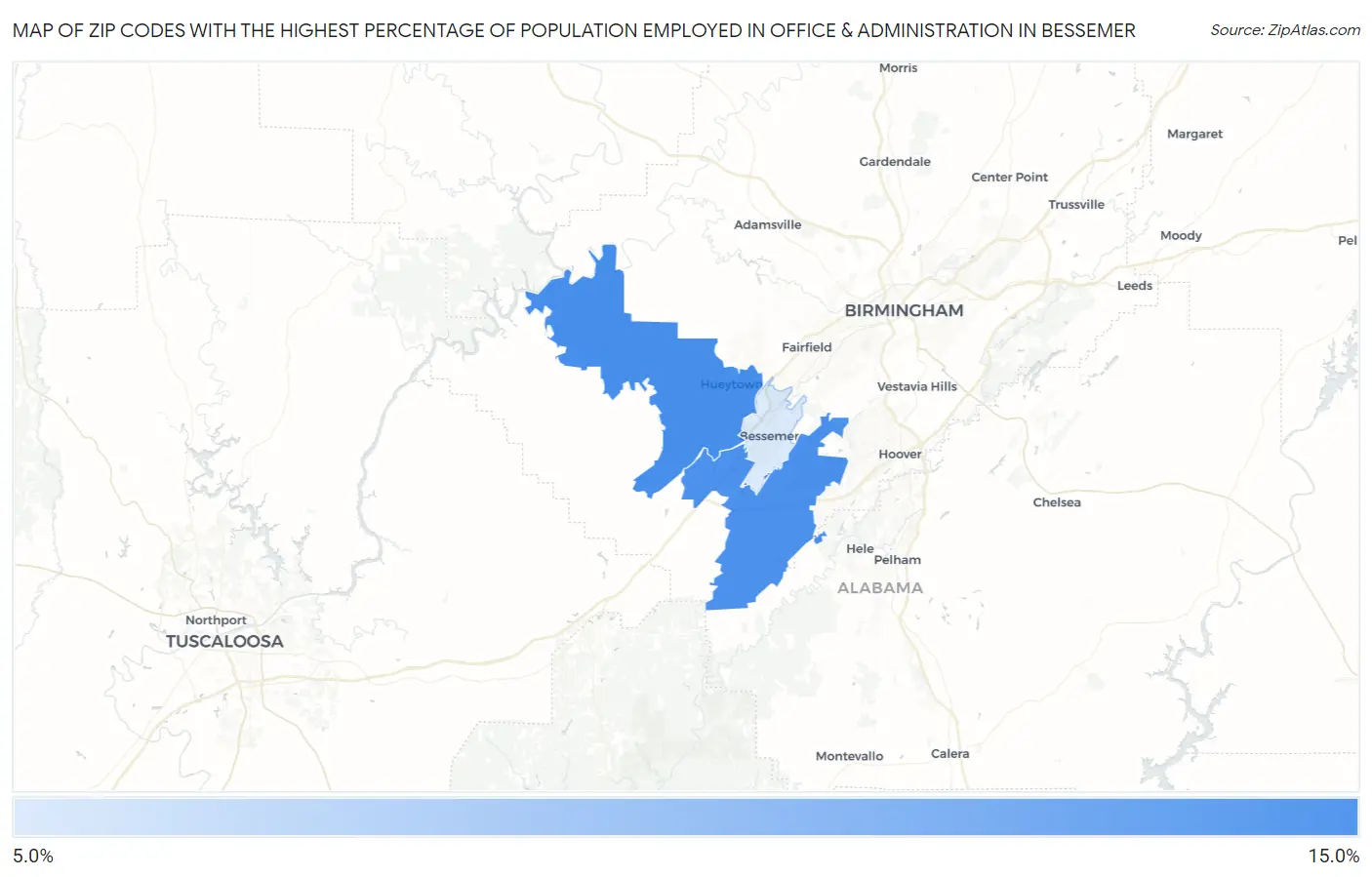 Zip Codes with the Highest Percentage of Population Employed in Office & Administration in Bessemer Map
