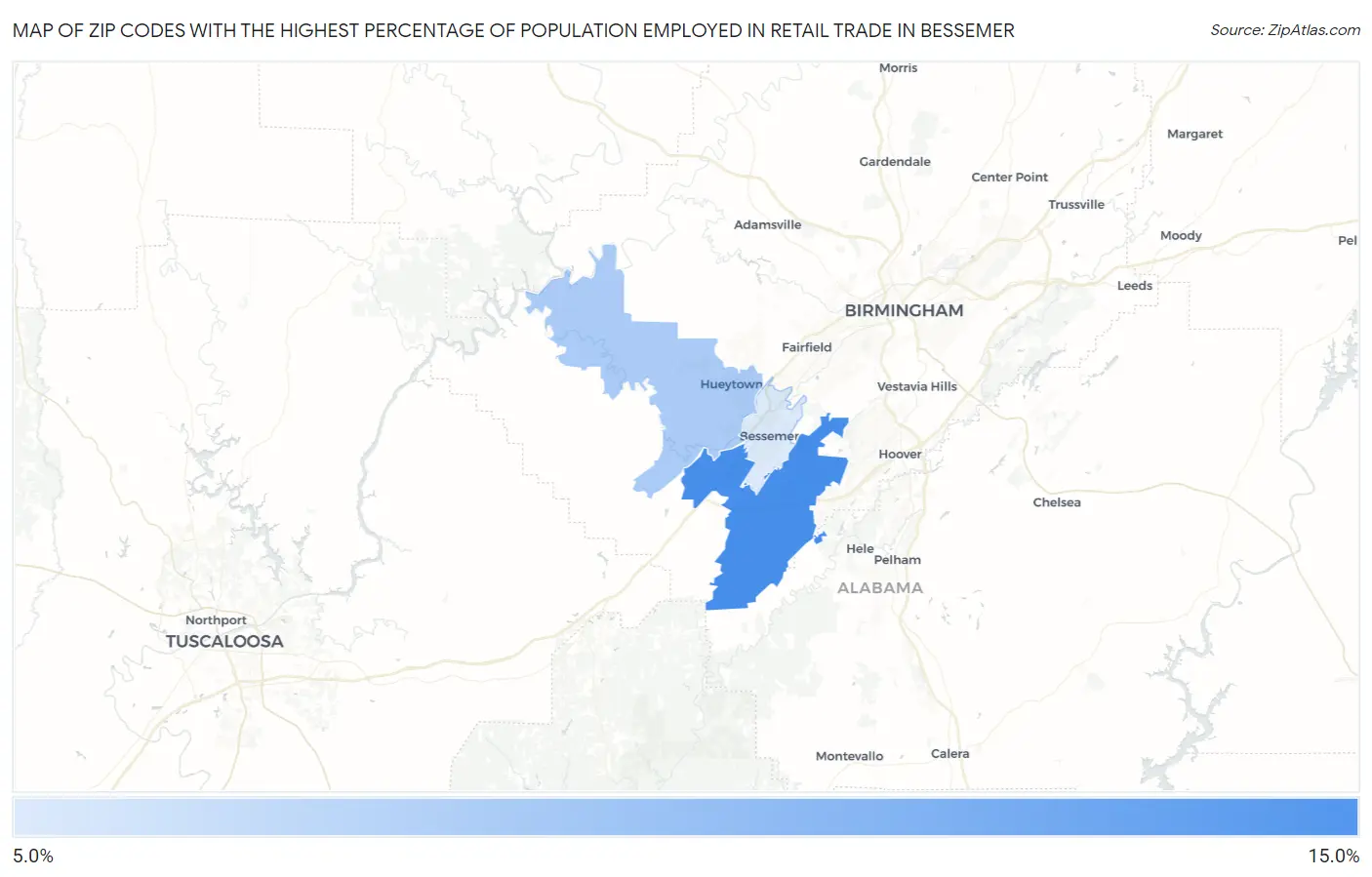 Zip Codes with the Highest Percentage of Population Employed in Retail Trade in Bessemer Map