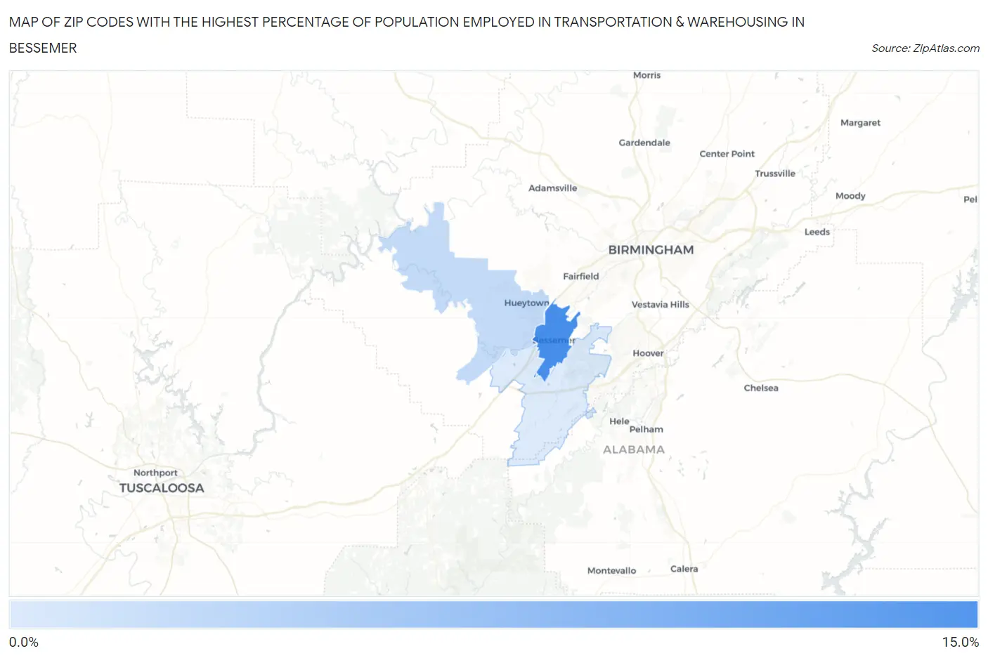 Zip Codes with the Highest Percentage of Population Employed in Transportation & Warehousing in Bessemer Map