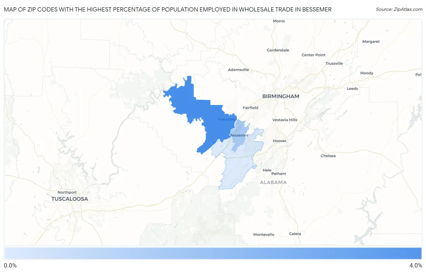 Zip Codes with the Highest Percentage of Population Employed in Wholesale Trade in Bessemer Map