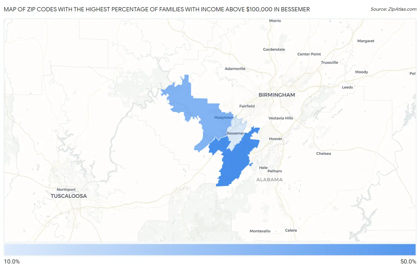 Zip Codes with the Highest Percentage of Families with Income Above $100,000 in Bessemer Map