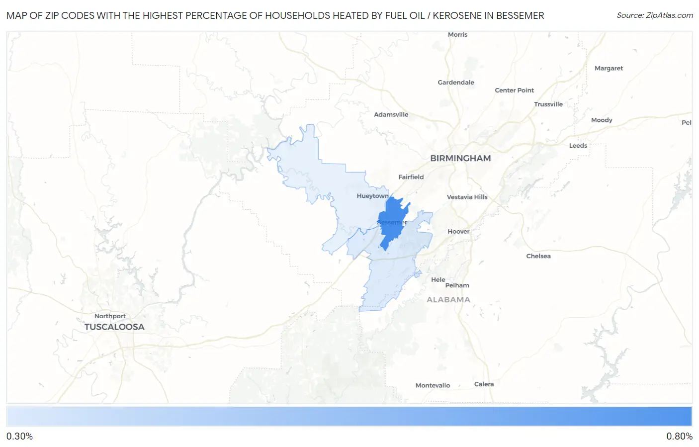 Zip Codes with the Highest Percentage of Households Heated by Fuel Oil / Kerosene in Bessemer Map