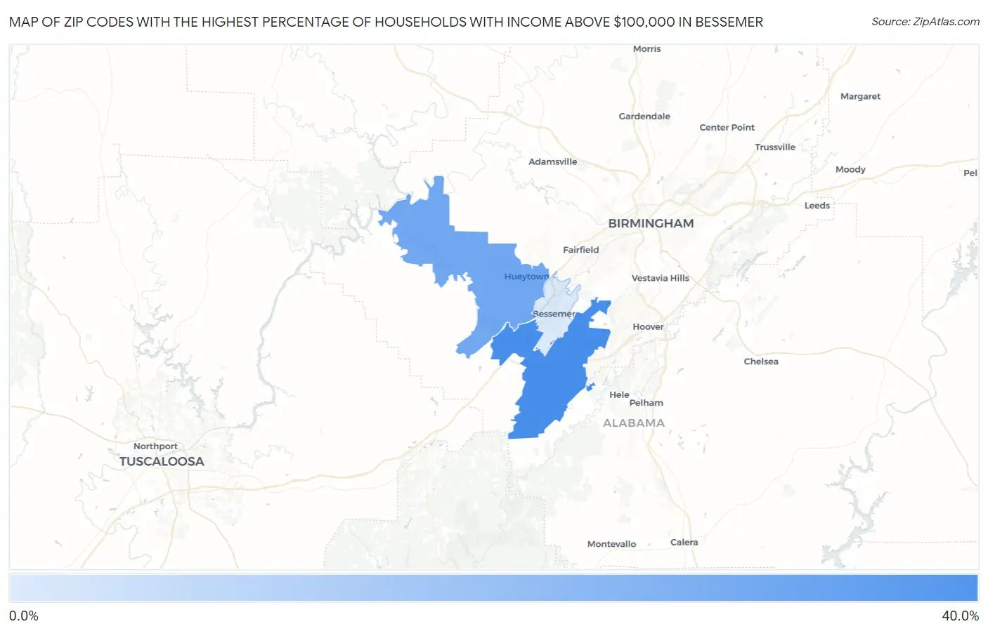 Zip Codes with the Highest Percentage of Households with Income Above $100,000 in Bessemer Map