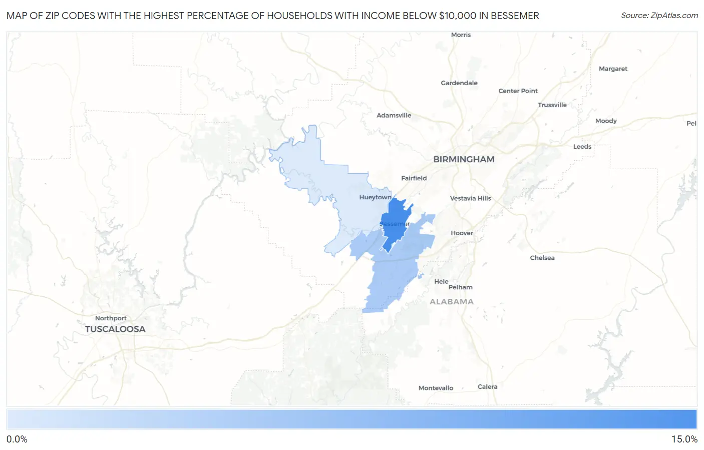 Zip Codes with the Highest Percentage of Households with Income Below $10,000 in Bessemer Map