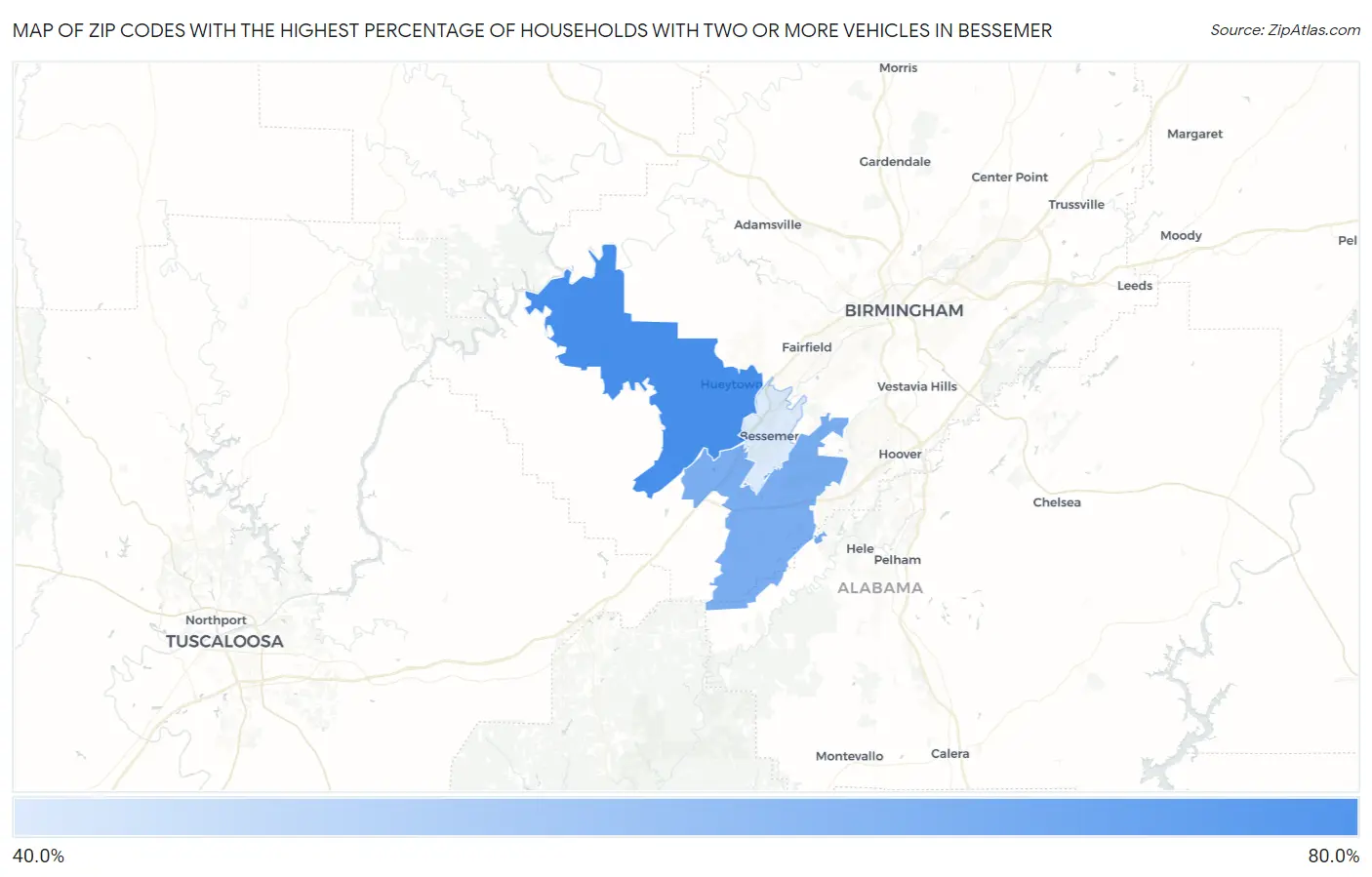 Zip Codes with the Highest Percentage of Households With Two or more Vehicles in Bessemer Map