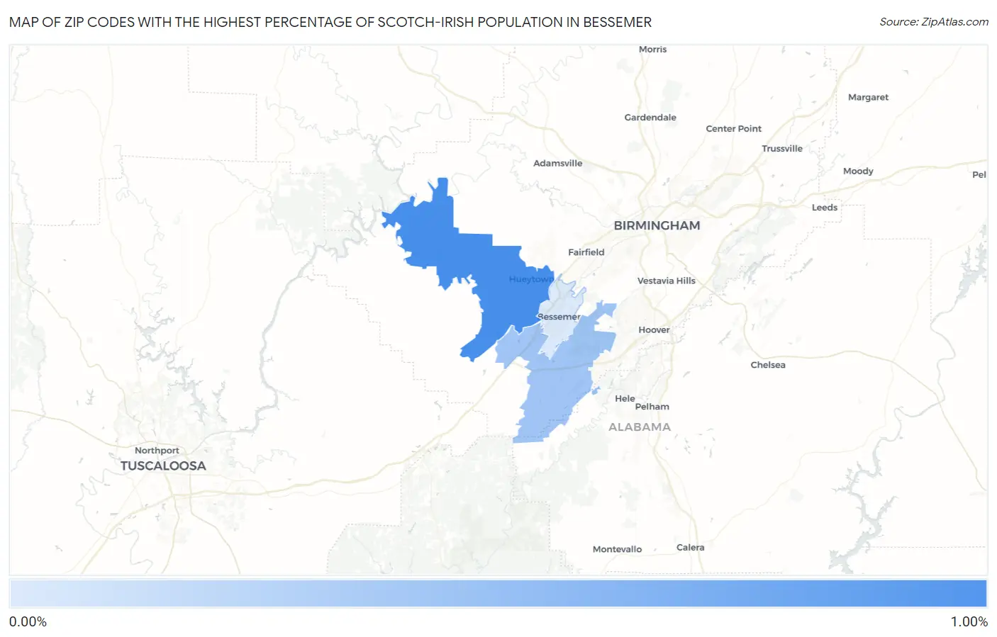 Zip Codes with the Highest Percentage of Scotch-Irish Population in Bessemer Map