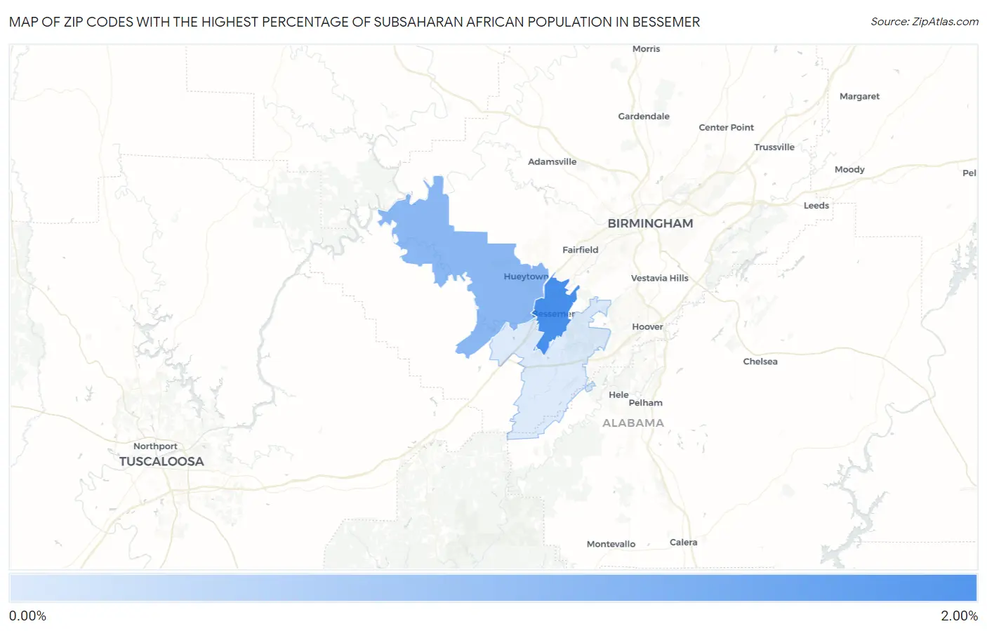 Zip Codes with the Highest Percentage of Subsaharan African Population in Bessemer Map