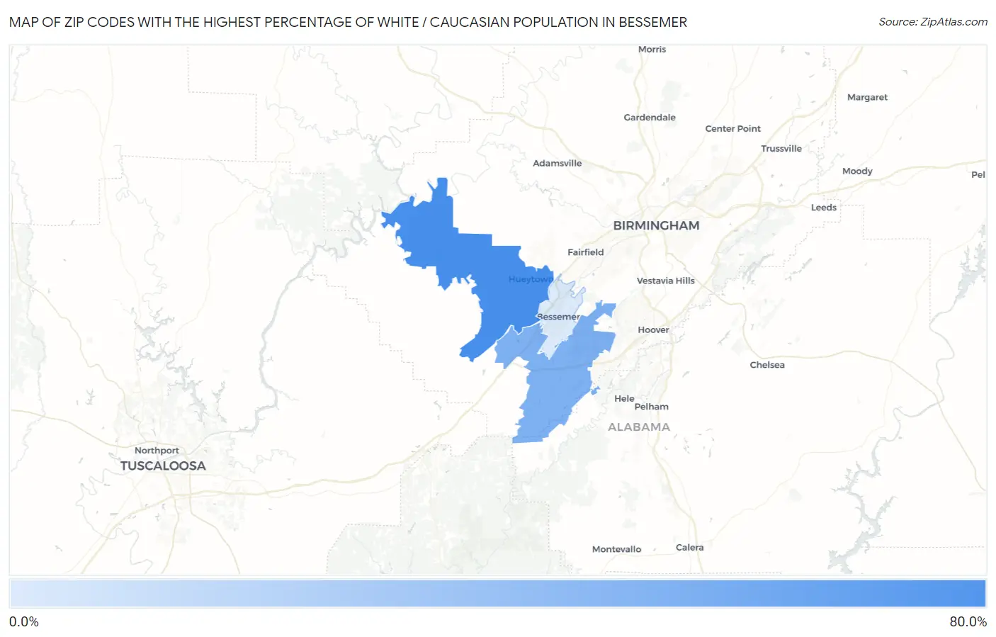 Zip Codes with the Highest Percentage of White / Caucasian Population in Bessemer Map