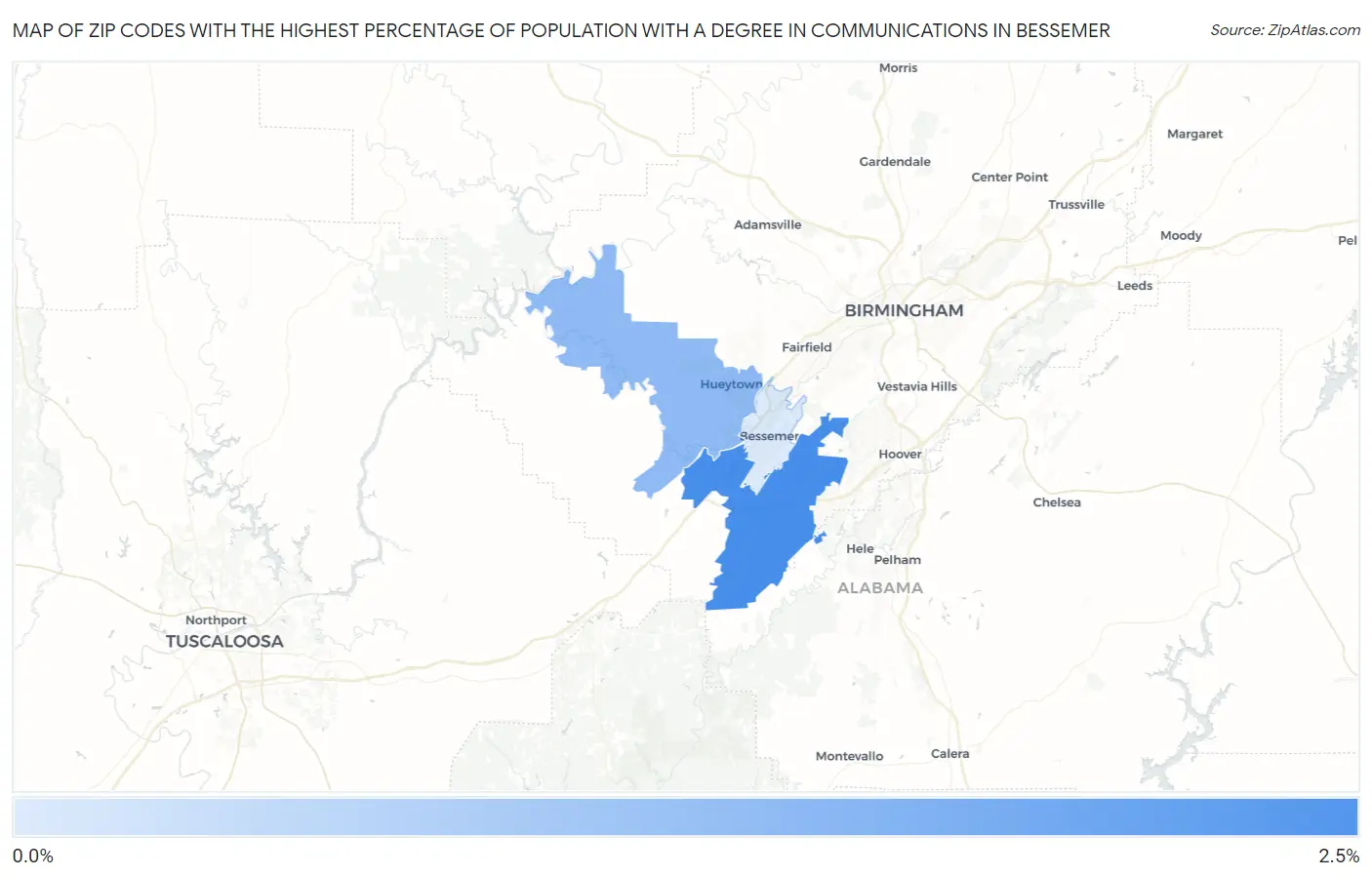Zip Codes with the Highest Percentage of Population with a Degree in Communications in Bessemer Map