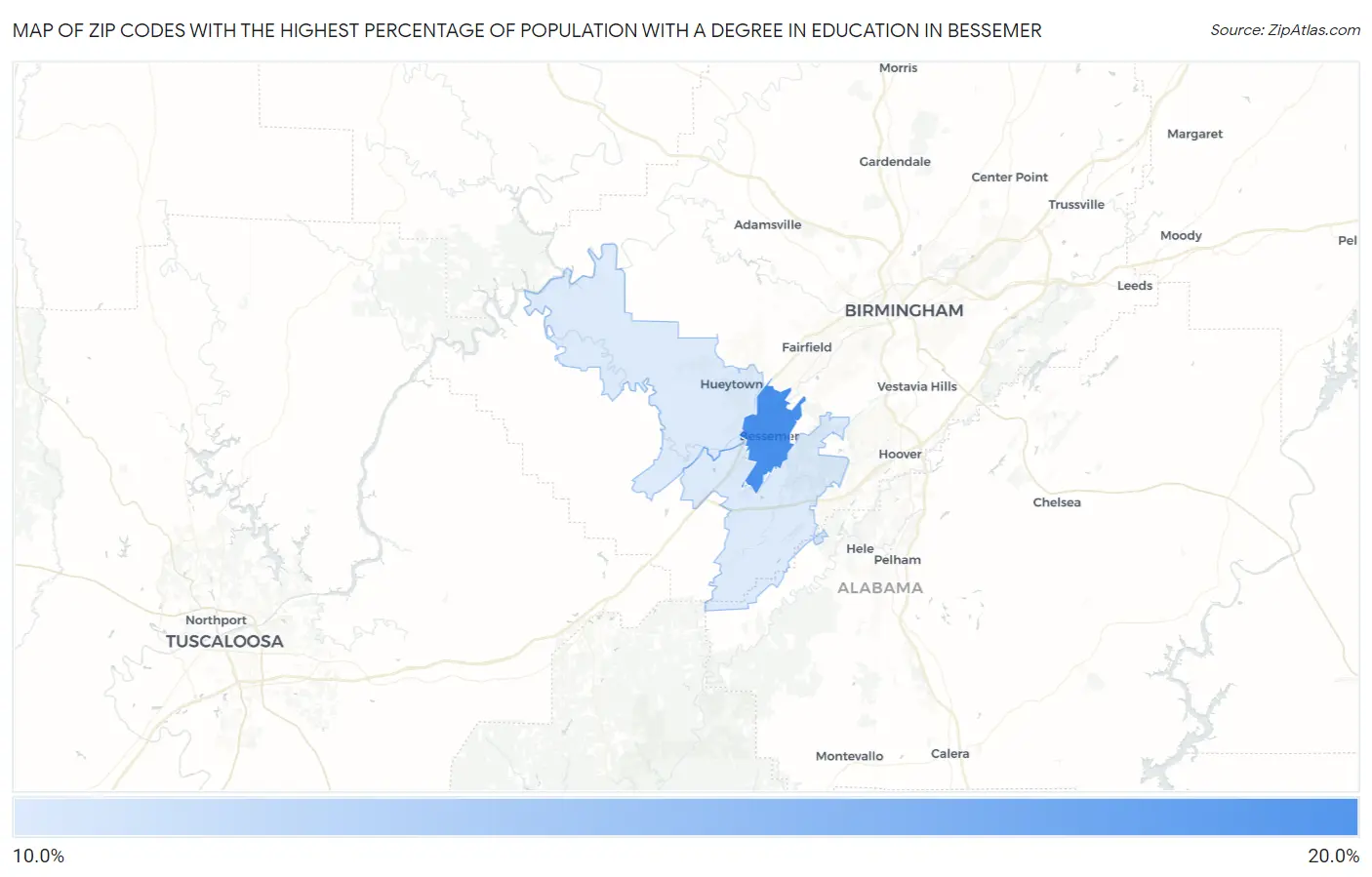 Zip Codes with the Highest Percentage of Population with a Degree in Education in Bessemer Map