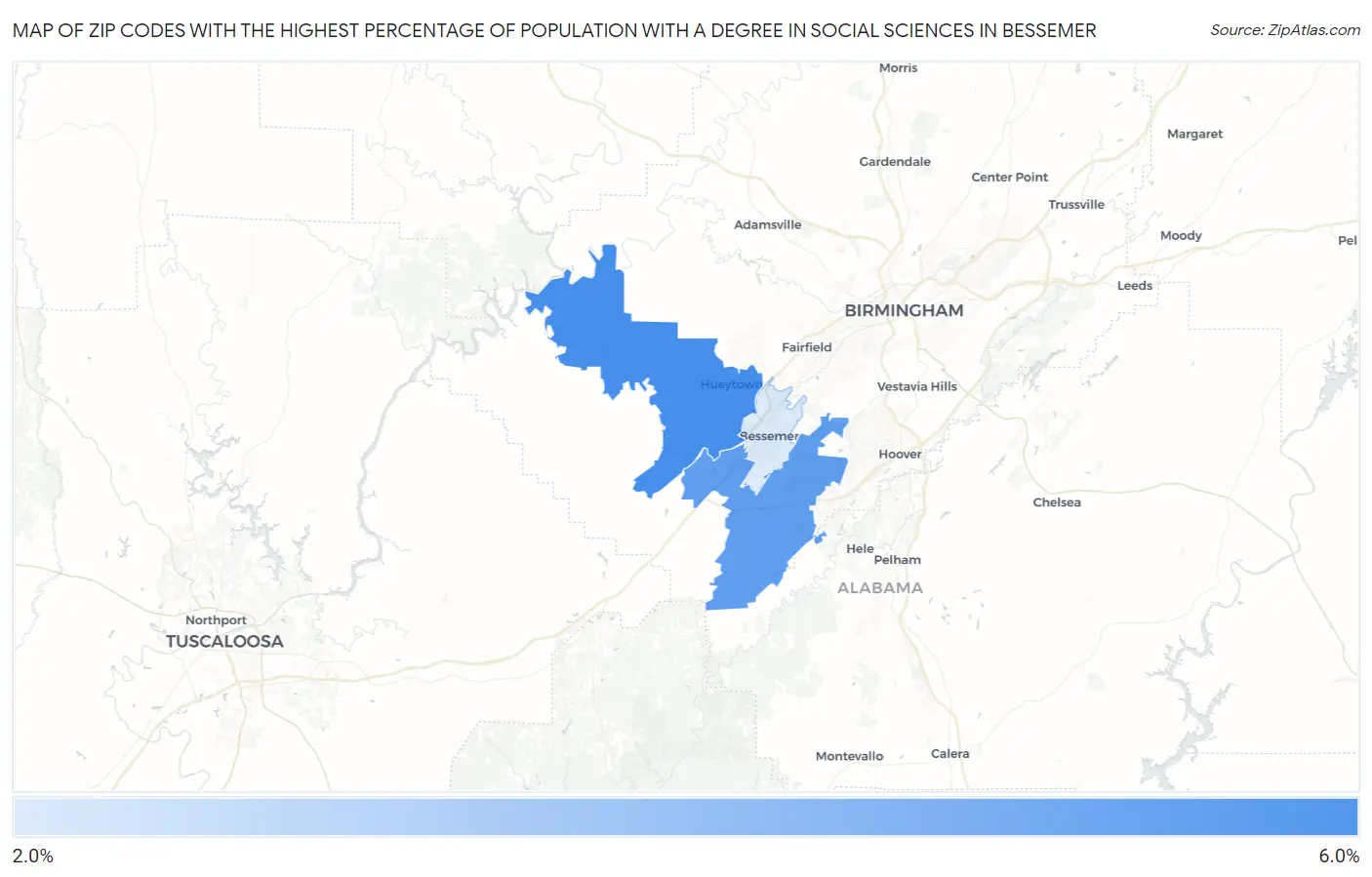 Zip Codes with the Highest Percentage of Population with a Degree in Social Sciences in Bessemer Map
