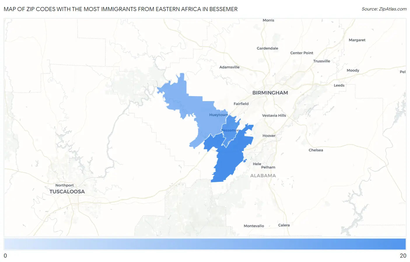 Zip Codes with the Most Immigrants from Eastern Africa in Bessemer Map