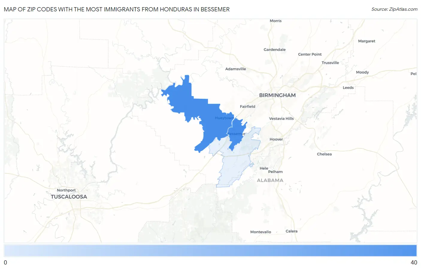 Zip Codes with the Most Immigrants from Honduras in Bessemer Map