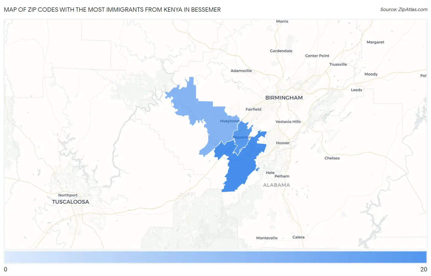 Zip Codes with the Most Immigrants from Kenya in Bessemer Map
