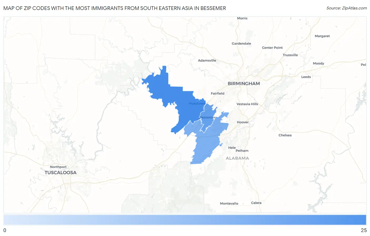 Zip Codes with the Most Immigrants from South Eastern Asia in Bessemer Map
