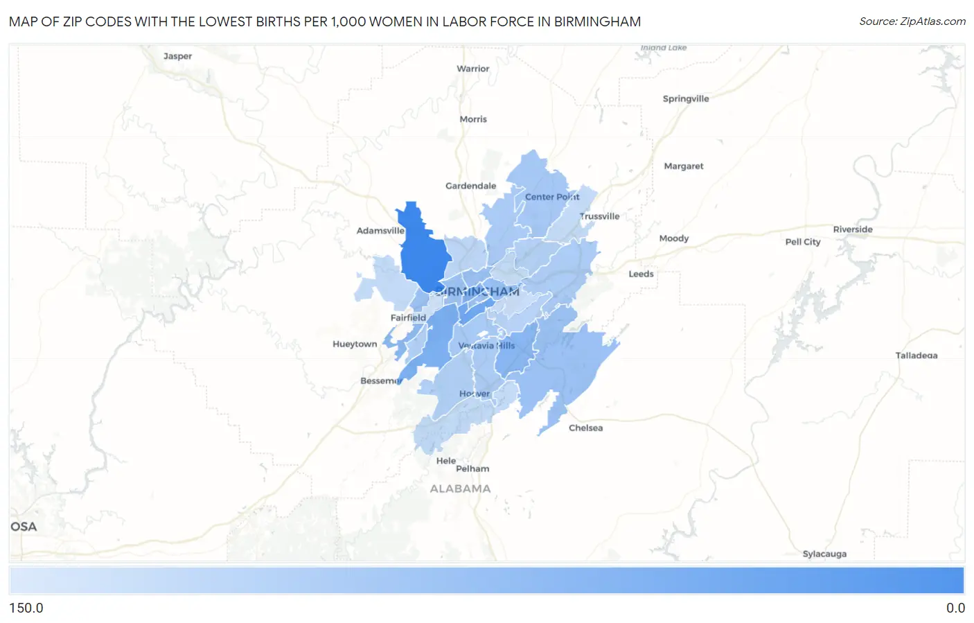 Zip Codes with the Lowest Births per 1,000 Women in Labor Force in Birmingham Map