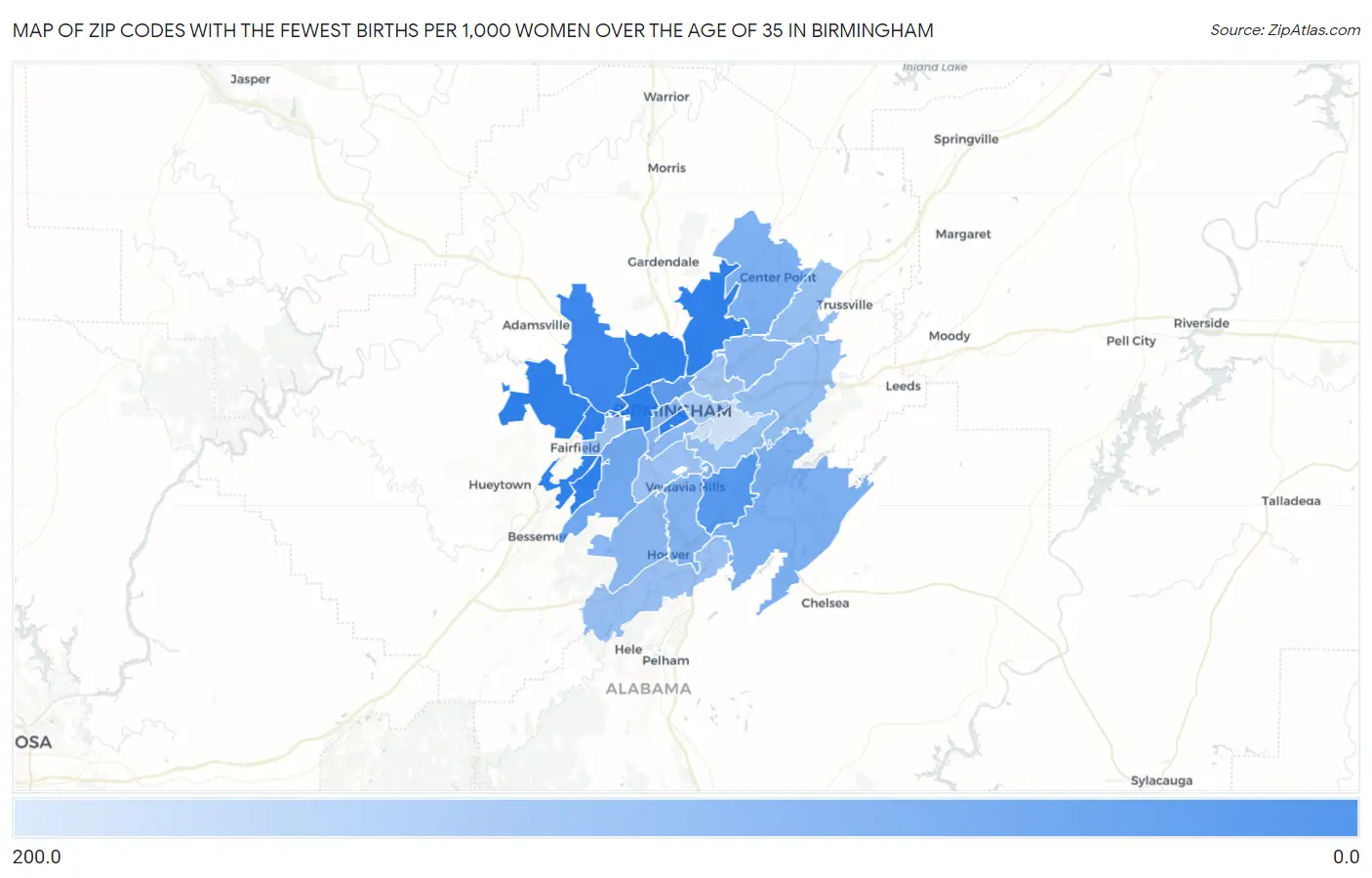 Zip Codes with the Fewest Births per 1,000 Women Over the Age of 35 in Birmingham Map