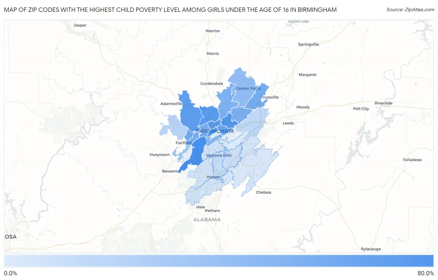 Zip Codes with the Highest Child Poverty Level Among Girls Under the Age of 16 in Birmingham Map