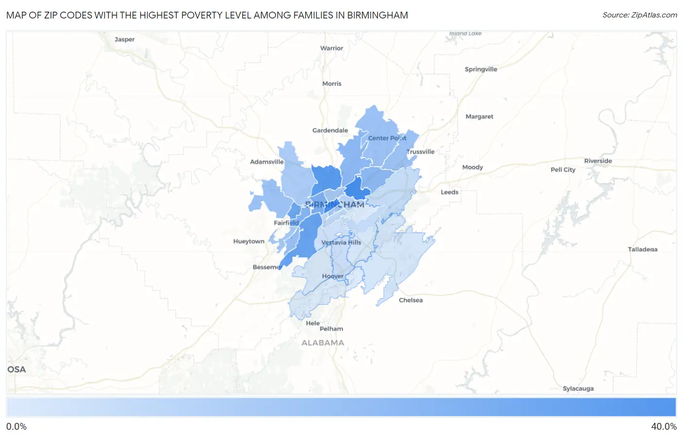 Zip Codes with the Highest Poverty Level Among Families in Birmingham Map