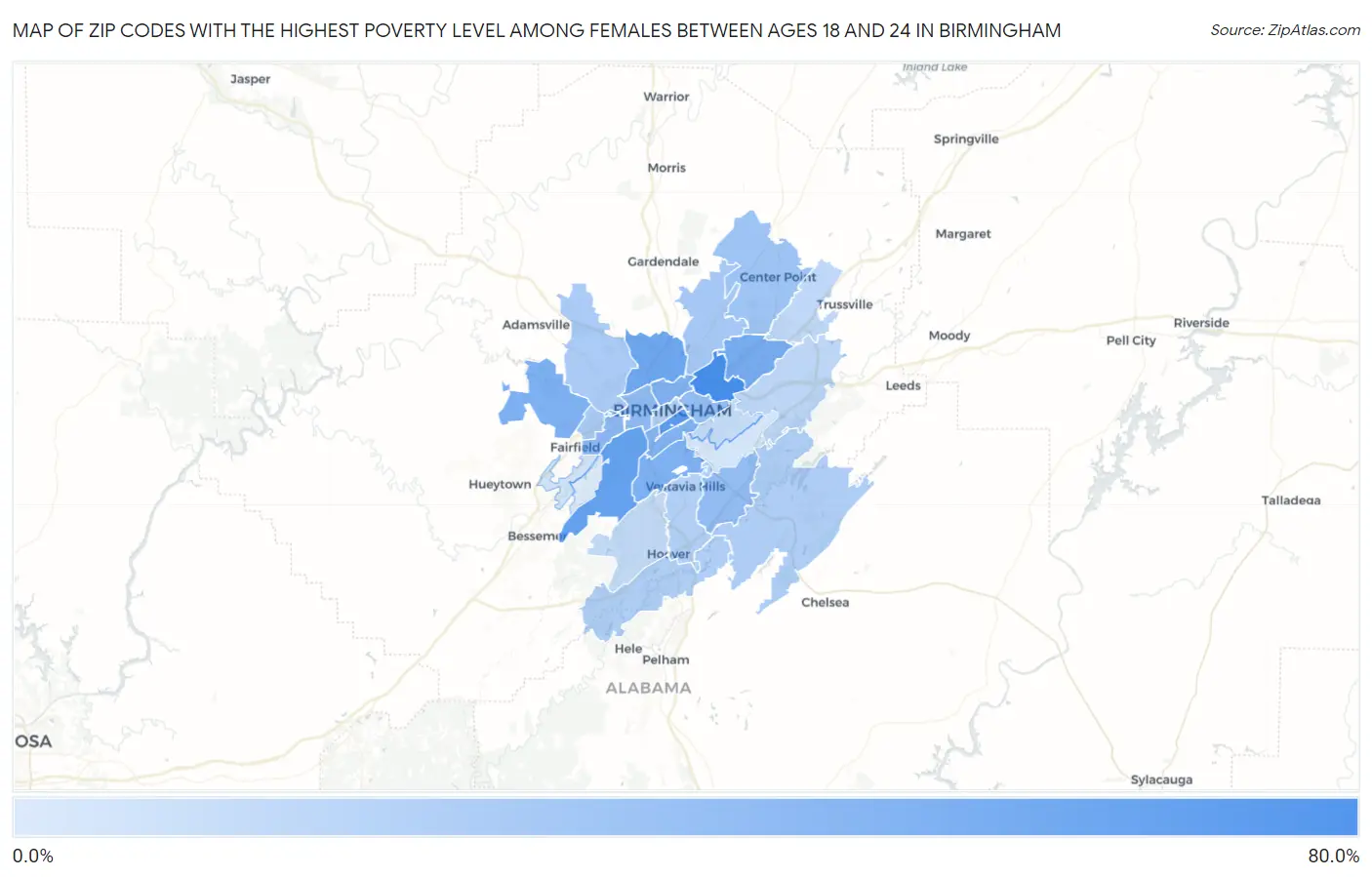 Zip Codes with the Highest Poverty Level Among Females Between Ages 18 and 24 in Birmingham Map