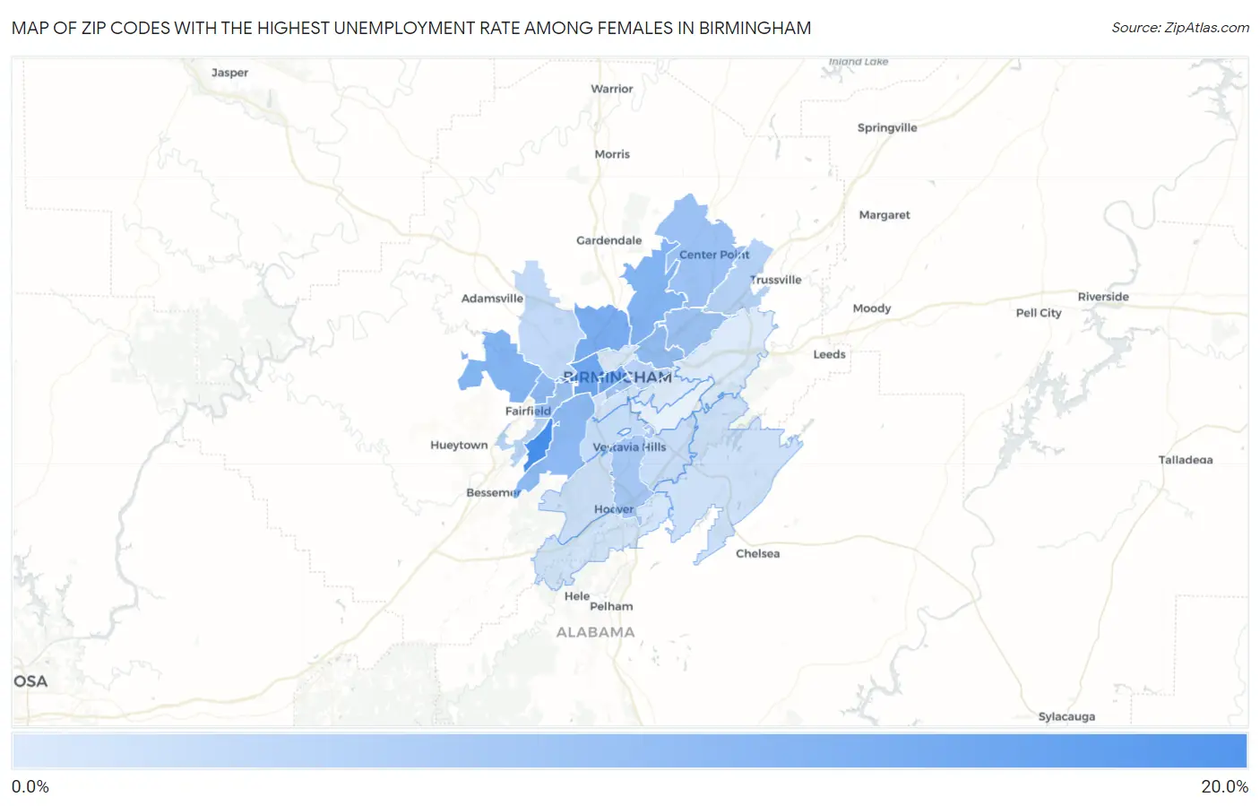 Zip Codes with the Highest Unemployment Rate Among Females in Birmingham Map