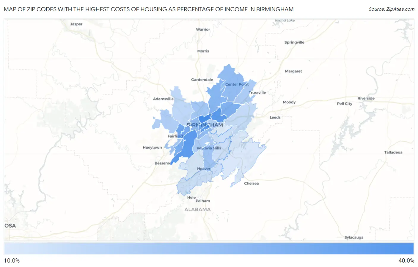 Zip Codes with the Highest Costs of Housing as Percentage of Income in Birmingham Map