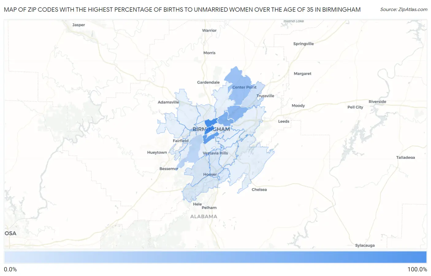 Zip Codes with the Highest Percentage of Births to Unmarried Women over the Age of 35 in Birmingham Map