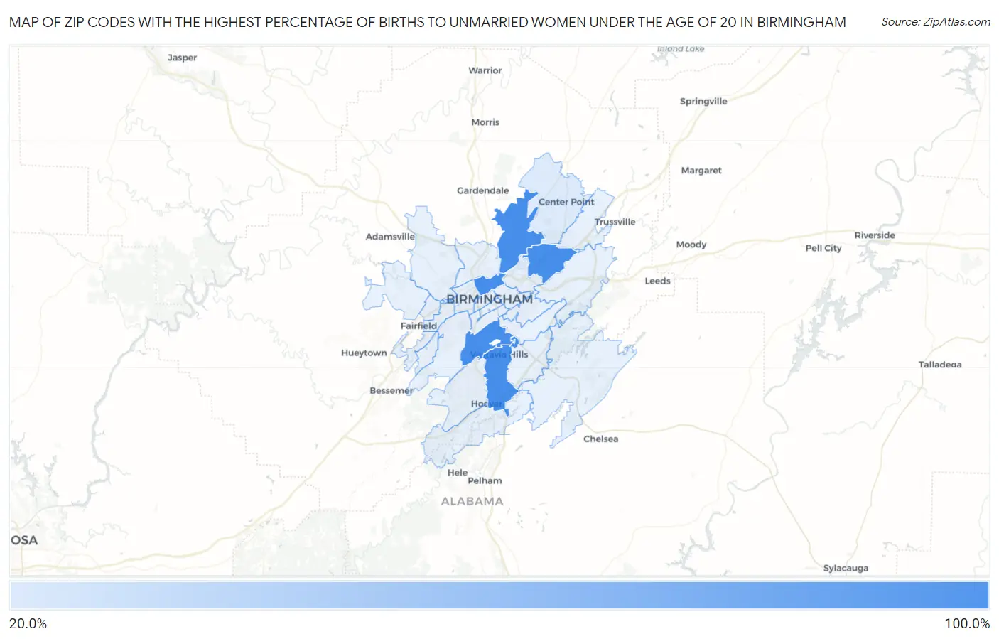 Zip Codes with the Highest Percentage of Births to Unmarried Women under the Age of 20 in Birmingham Map