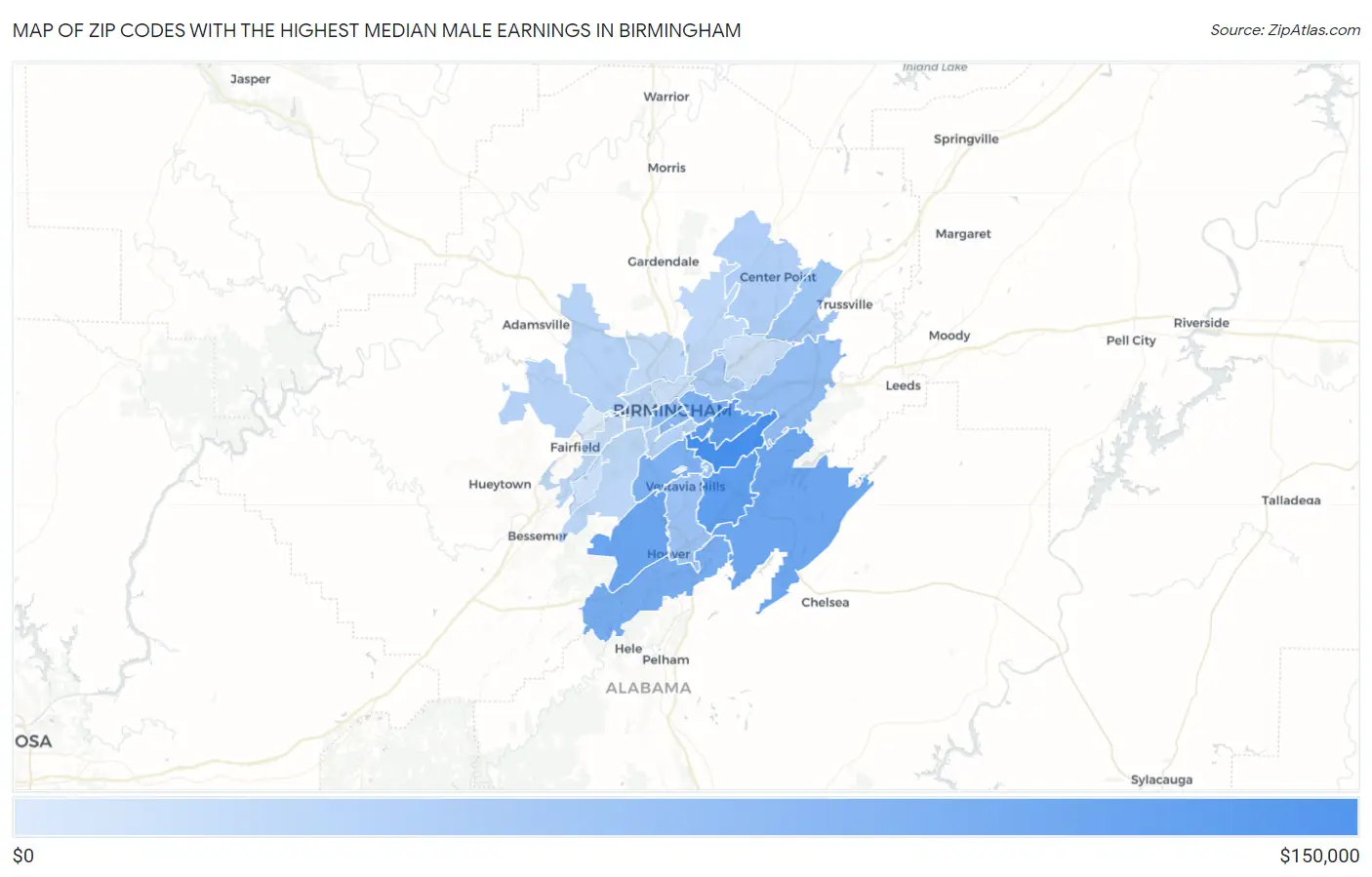 Zip Codes with the Highest Median Male Earnings in Birmingham Map