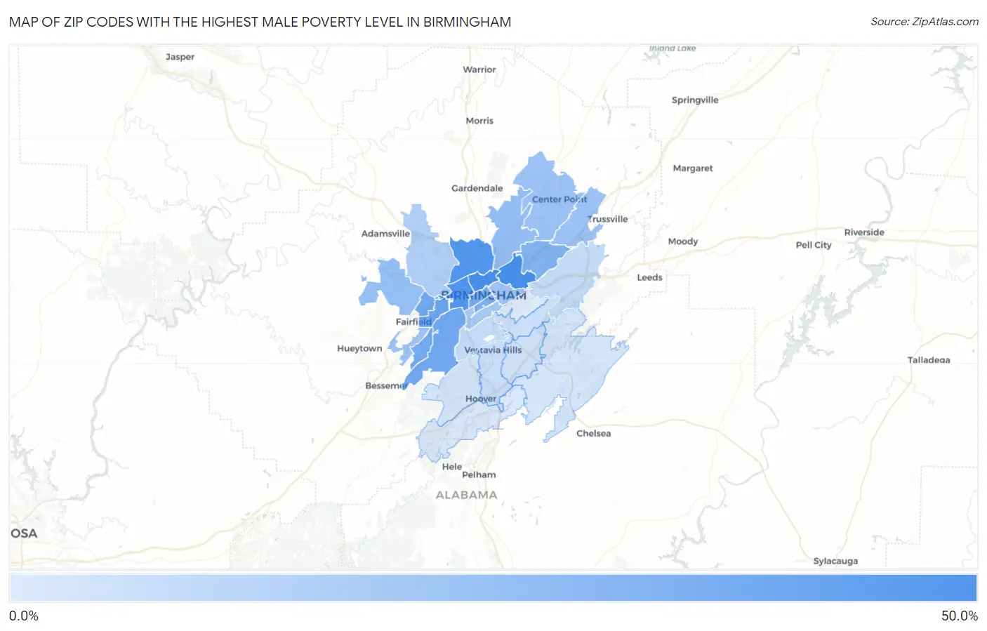 Zip Codes with the Highest Male Poverty Level in Birmingham Map