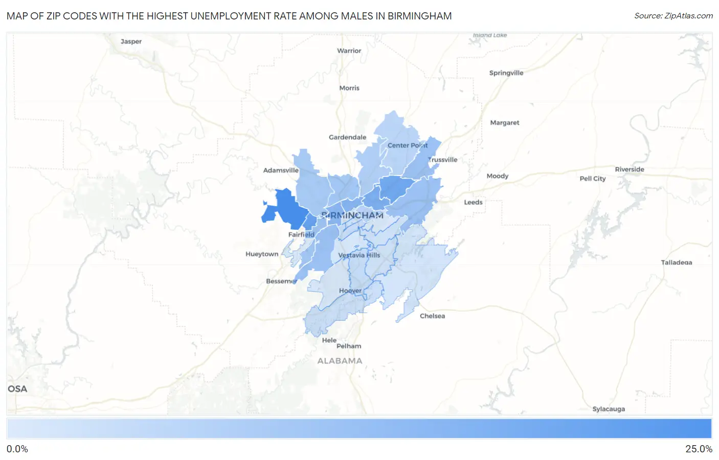 Zip Codes with the Highest Unemployment Rate Among Males in Birmingham Map