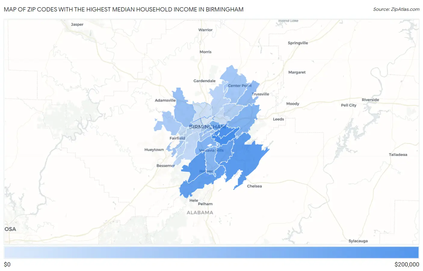 Zip Codes with the Highest Median Household Income in Birmingham Map